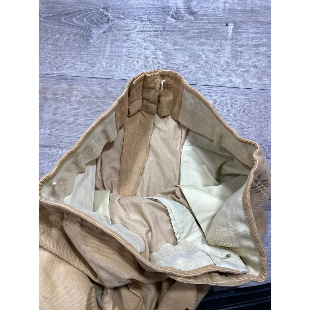 VTG Sansabelt Khaki Corduroy Flat Front Pant Mens 38x32 Pleated Cuffed Trousers
